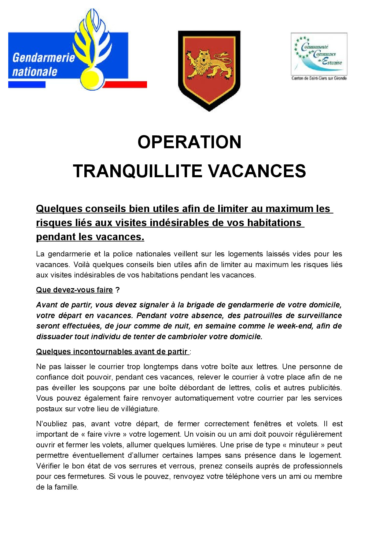 Opération Tranquillité Vacances